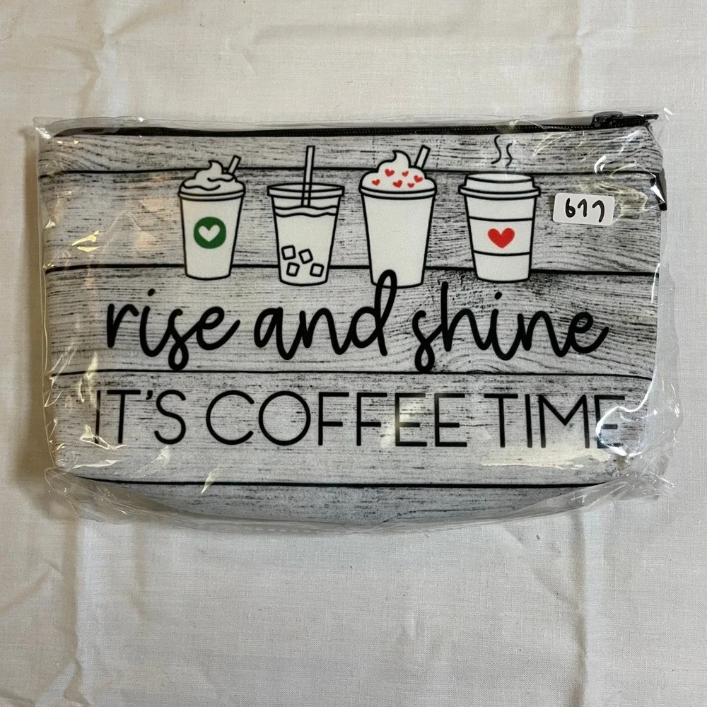 The Pouch Cosmetic Bag Women Small White NWT Rise and Shine Coffee Time Pouch